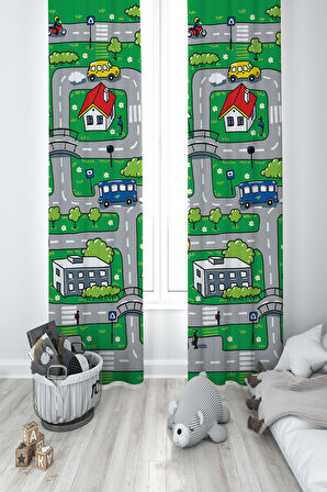 MEKTA HOME BEBEK VE ÇOCUK ODASI Şehir ve Yol Desenli Yeşil 2 Kanat Fon Perde