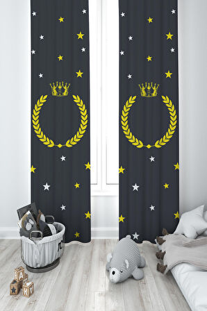 MEKTA HOME BEBEK VE ÇOCUK ODASI Yol ve Seksek Desenli Antrasit 2 Kanat Fon Perde