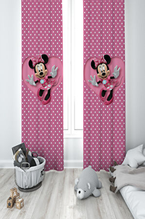 MEKTA HOME BEBEK VE ÇOCUK ODASI Büyük Kalpli Minnie Mause Desenli 2 Kanat Fon Perde