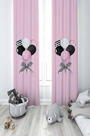 MEKTA HOME BEBEK VE ÇOCUK ODASI Kurdeleli Balonlar Desenli 2 Kanat Fon Perde