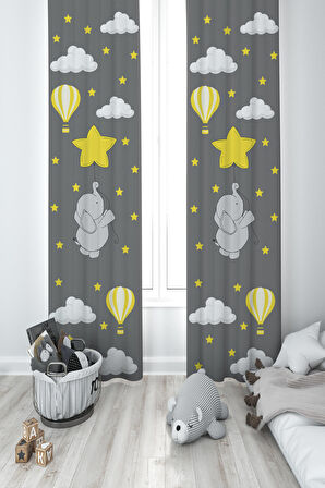 MEKTA HOME BEBEK VE ÇOCUK ODASI Fil Yıldız ve Uçan Balon Desenli 2 Kanat Fon Perde