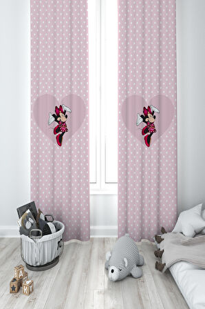 MEKTA HOME BEBEK VE ÇOCUK ODASI Büyük Kalpli Minnie Mause ve Puantiyeli 2 Kanat Fon Perde