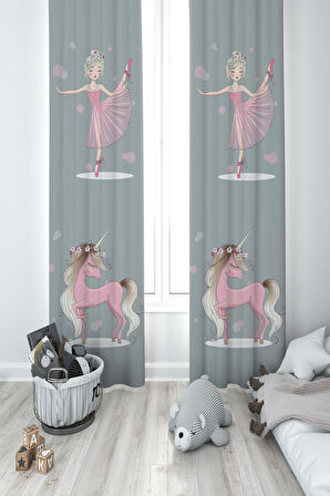MEKTA HOME BEBEK VE ÇOCUK ODASI Pembe Unicorn ve Kız Desenli 2 Kanat Fon Perde