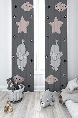 MEKTA HOME BEBEK VE ÇOCUK ODASI Seksekli Uçan Fil Desenli 2 Kanat Fon Perde