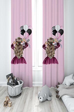 MEKTA HOME BEBEK VE ÇOCUK ODASI Prenses Kız ve Fiyonklu Balon Desenli 2 Kanat Fon Perde