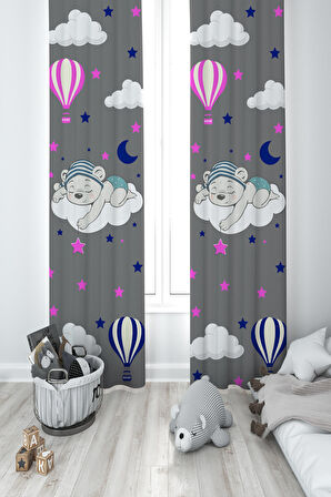 MEKTA HOME BEBEK VE ÇOCUK ODASI Bulut Üzerinde Uyuyan Sevimli Ayı Desenli Gri 2 Kanat Fon Perde
