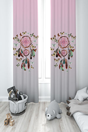 MEKTA HOME BEBEK VE ÇOCUK ODASI Kelebek Desenli Pembe 2 Kanat Fon Perde