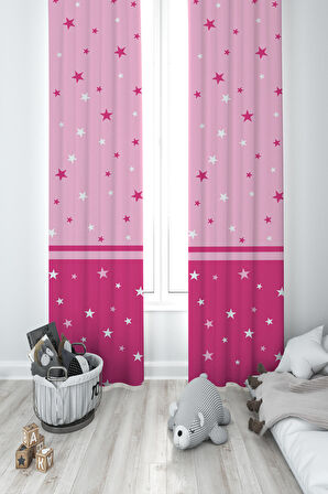 MEKTA HOME BEBEK VE ÇOCUK ODASI İki Renkli Yıldızlı Pembe 2 Kanat Fon Perde