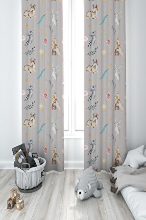 MEKTA HOME BEBEK VE ÇOCUK ODASI Geyik ve Tatlı Hayvanlar Desenli 2 Kanat Fon Perde