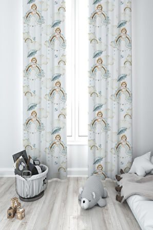 MEKTA HOME BEBEK VE ÇOCUK ODASI Soft Gökkuşağı Tavşan Desenli 2 Kanat Fon Perde