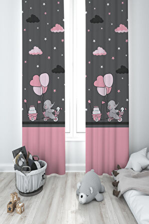 MEKTA HOME BEBEK VE ÇOCUK ODASI Pembe Bisiklet Balon ve Fil Desenli 2 Kanat Fon Perde 