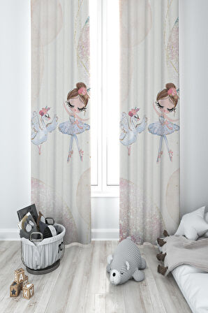 MEKTA HOME BEBEK VE ÇOCUK ODASI Kuğu ve Balerin Desenli 2 Kanat Fon Perde
