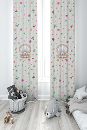 MEKTA HOME BEBEK VE ÇOCUK ODASI Deniz Yıldızlı Seksek Desenli 2 Kanat Fon Perde