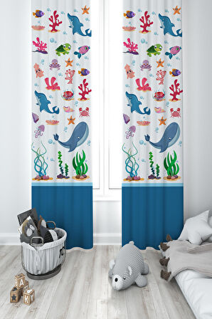 MEKTA HOME BEBEK VE ÇOCUK ODASI Sevimli Deniz Hayvanları Desenli 2 Kanat Fon Perde 