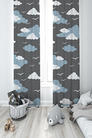 MEKTA HOME BEBEK VE ÇOCUK ODASI Bulut ve Martı Desenli 2 Kanat Fon Perde