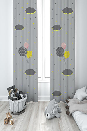 MEKTA HOME BEBEK VE ÇOCUK ODASI Gri Zemin Balonlu Yıldızlı Bulut Desenli 2 Kanat Fon Perde