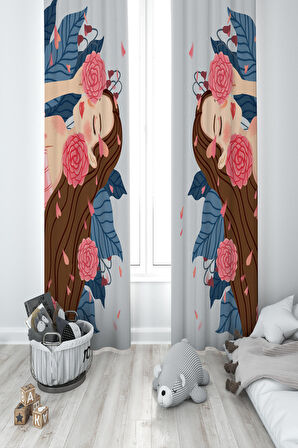 MEKTA HOME BEBEK VE ÇOCUK ODASI Çiçekli Prenses Kız Desenli 2 Kanat Fon Perde