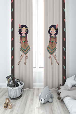 MEKTA HOME BEBEK VE ÇOCUK ODASI Kızılderili Desenli 2 Kanat Fon Perde