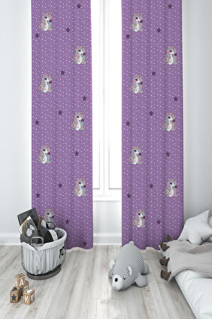 MEKTA HOME BEBEK VE ÇOCUK ODASI Mor Unicorn Desenli 2 Kanat Fon Perde