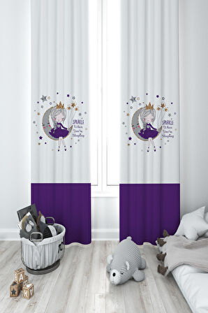 MEKTA HOME BEBEK VE ÇOCUK ODASI Ayda Oturan Mor Prenses Kız Desenli 2 Kanat Fon Perde