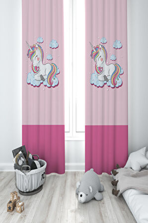 MEKTA HOME BEBEK VE ÇOCUK ODASI Bulutlu Unicorn Desenli 2 Kanat Fon Perde