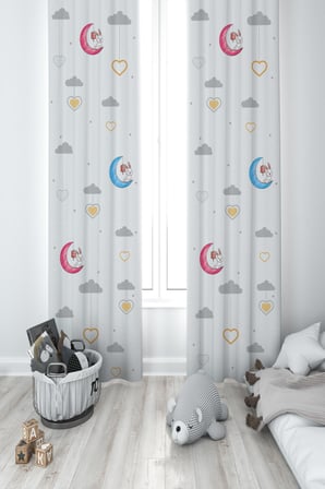 MEKTA HOME BEBEK VE ÇOCUK ODASI Renkli Ay ve Tavşan Desenli 2 Kanat Fon Perde