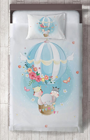MEKTA HOME BEBEK VE ÇOCUK ODASI Fil ve Çiçekli Uçan Balon Desenli Yatak Örtüsü