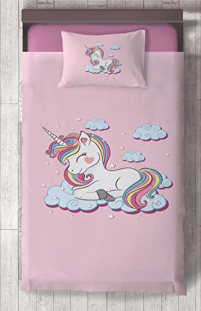 MEKTA HOME BEBEK VE ÇOCUK ODASI Bulutlu Unicorn Desenli Yatak Örtüsü