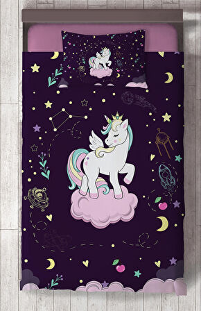 MEKTA HOME BEBEK VE ÇOCUK ODASI Pembe Bulut Üzerinde Unicorn Desenli Mor Yatak Örtüsü