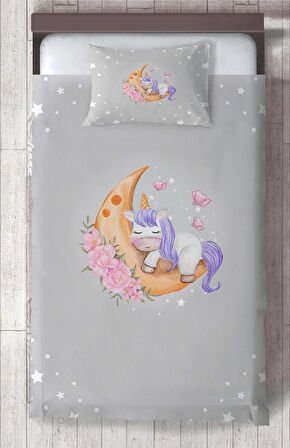 MEKTA HOME BEBEK VE ÇOCUK ODASI Aya Sarılan Unicorn Desenli Gri Yatak Örtüsü