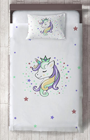 MEKTA HOME BEBEK VE ÇOCUK ODASI Renkli Unicorn Desenli Beyaz Yatak Örtüsü