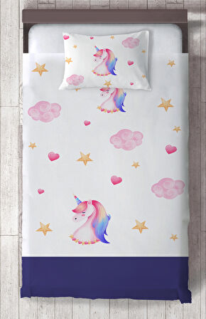 MEKTA HOME BEBEK VE ÇOCUK ODASI Unicorn ve Seksek Desenli Lacivert Yatak Örtüsü
