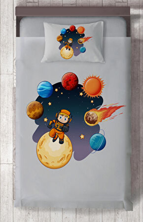 MEKTA HOME BEBEK VE ÇOCUK ODASI Astronot Çocuk ve Gezegen Desenli Yatak Örtüsü