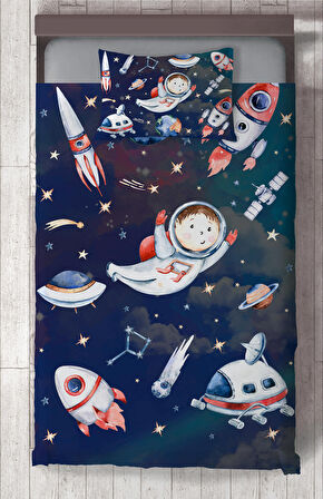 MEKTA HOME BEBEK VE ÇOCUK ODASI Uzaylı Astronot Desenli Yatak Örtüsü