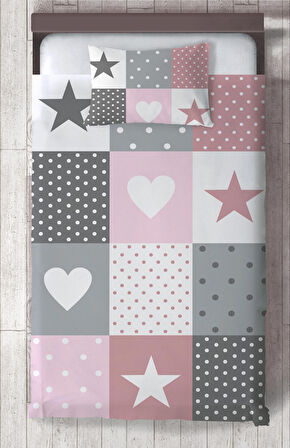 MEKTA HOME BEBEK VE ÇOCUK ODASI Soft Yıldız ve Kalp Desenli Yatak Örtüsü