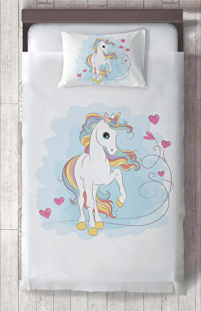 MEKTA HOME BEBEK VE ÇOCUK ODASI Kalpli Unicorn Desenli Yatak Örtüsü