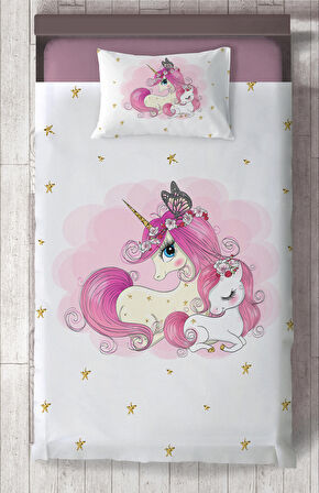 MEKTA HOME BEBEK VE ÇOCUK ODASI Yıldızlı Unicorn Desenli Yatak Örtüsü 
