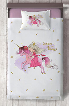 MEKTA HOME BEBEK VE ÇOCUK ODASI Unicorn Üzerinde Prenses Kız Desenli Yatak Örtüsü