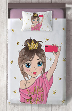 MEKTA HOME BEBEK VE ÇOCUK ODASI Selfie Yapan Prenses Kız Desenli Yatak Örtüsü