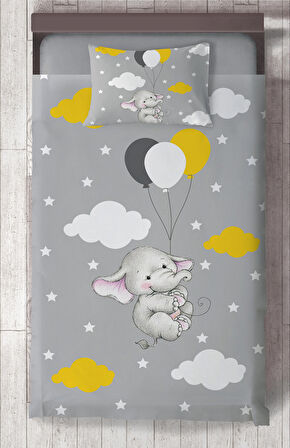 MEKTA HOME BEBEK VE ÇOCUK ODASI Tatlı Fil ve 3 Balon Desenli Yatak Örtüsü