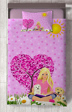 MEKTA HOME BEBEK VE ÇOCUK ODASI Barbie ve Kalp Desenli Yatak Örtüsü