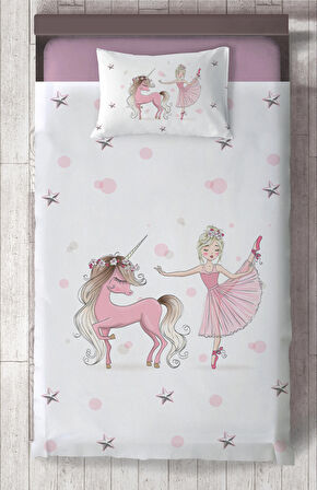 MEKTA HOME BEBEK VE ÇOCUK ODASI Balerin ve Unicorn Kız Desenli Pembe Yatak Örtüsü