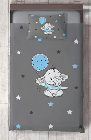 MEKTA HOME BEBEK VE ÇOCUK ODASI Açık Mavi Filli Balonlu Yatak Örtüsü