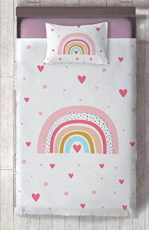 MEKTA HOME BEBEK VE ÇOCUK ODASI Gökkuşağı ve Kalp Desenli Yatak Örtüsü 