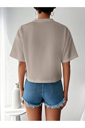 Kadın Relaxed Kalıp Bisiklet Yaka Basic Bej Rengi Tişört