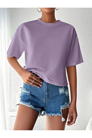 Kadın Relaxed Kalıp Bisiklet Yaka Basic Mor T-shirt