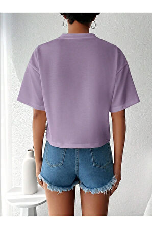 Kadın Relaxed Kalıp Bisiklet Yaka Basic Mor T-shirt