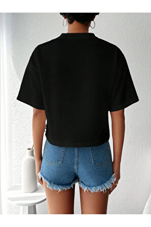 Kadın Relaxed Kalıp Bisiklet Yaka Basic Siyah Tişört