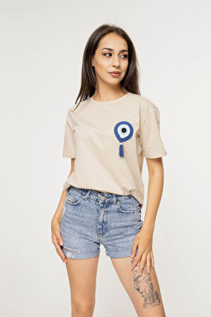 Kroşe Örgü Detaylı Nazar Boncuğu Tişört