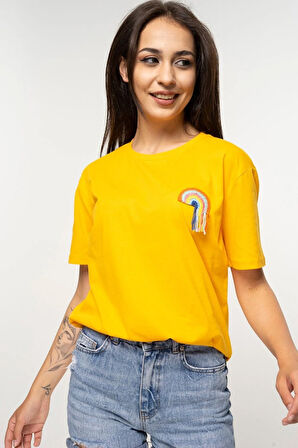 Kroşe Örgü Detaylı Gökkuşağı Tişört